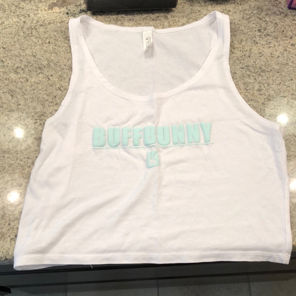 Buff bunny crop top white w/mint lettering